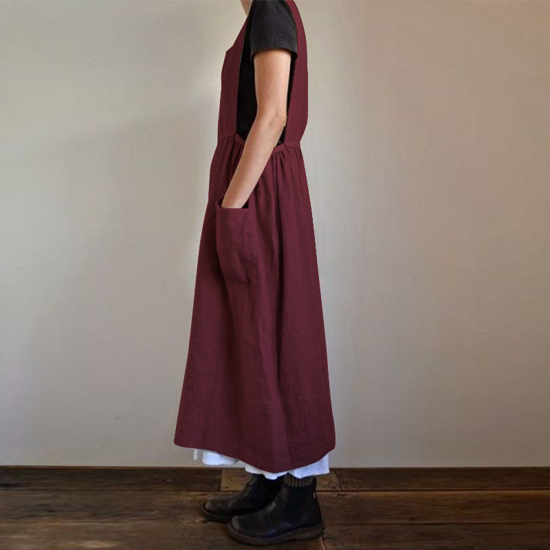 Women Cotton Linen Apron High Waist Long Circumference Home Wear Loose Maxi Dress