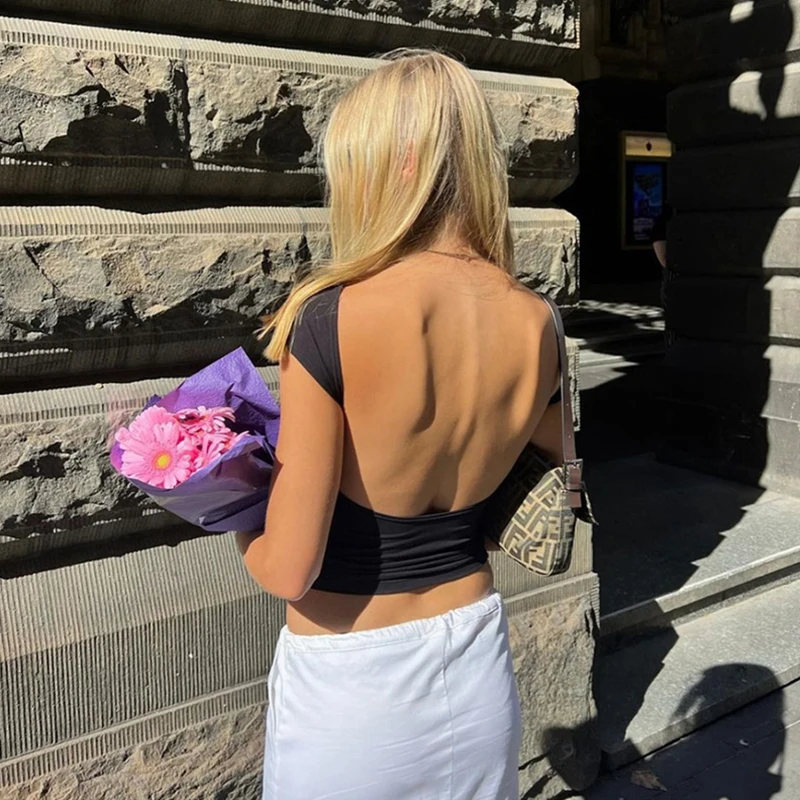 y2k Sexy Backless Crop Top Women Solid Color Round Neck Short Sleeve T Shirt 2000s Baby Tees Skinny Clothes Streetwear