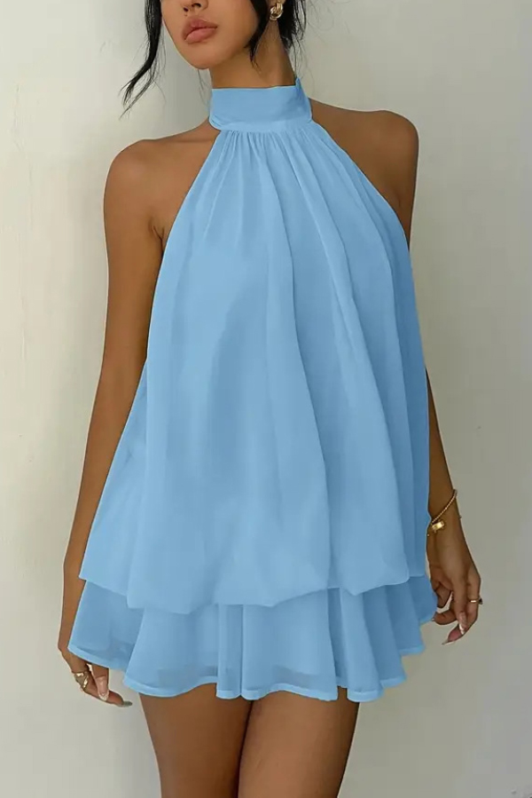 Fashionable Chiffon Halter Neck Backless Lace-up Casual Vacation Mini Dress