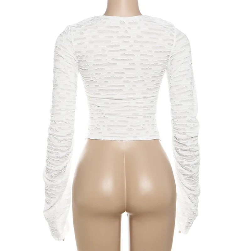 Autumn Fashion Ruffled T-shirt Cropped Top Female Hollow Out Lace-Up Patchwork Loose Outwear White Women Bandage Tee Coat