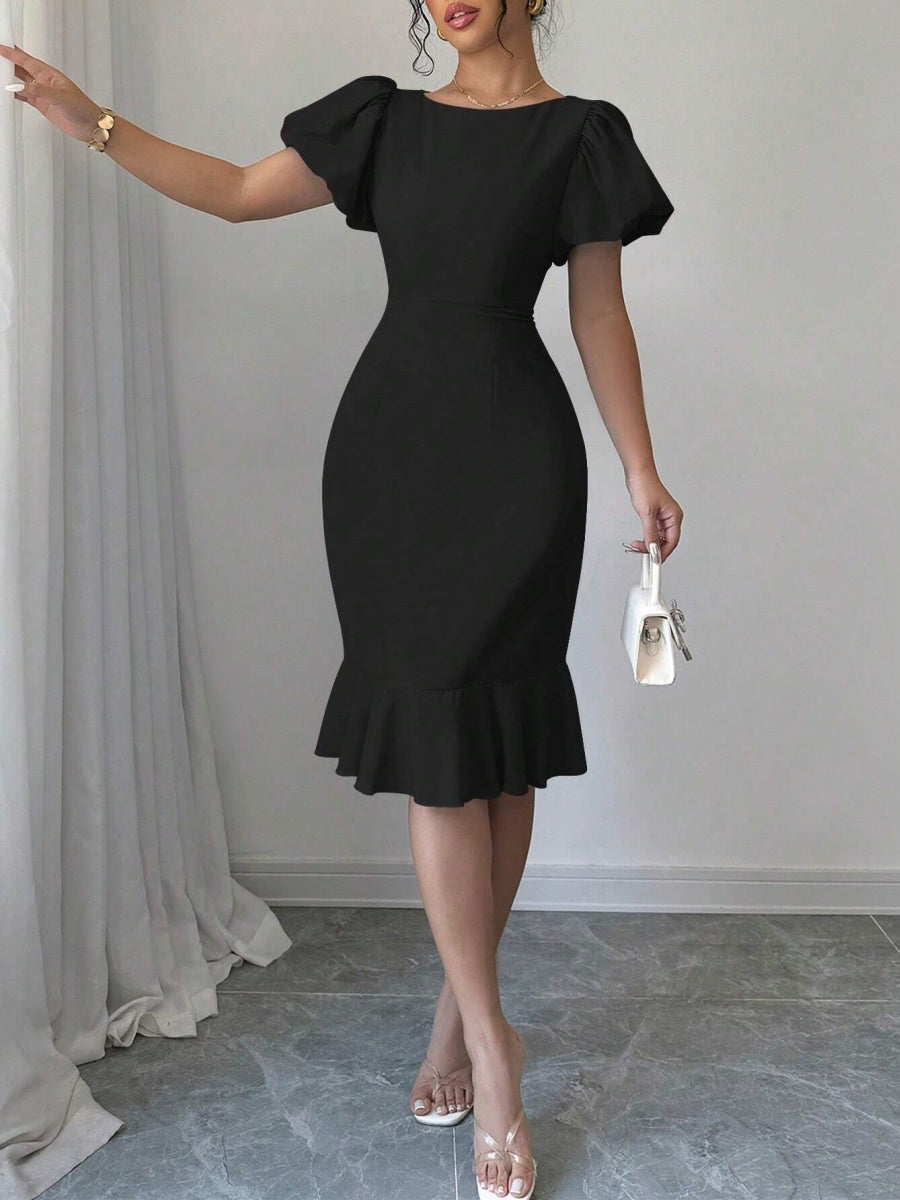 Round Neck Lantern Sleeve Ruffled Fishtail Midi Dress