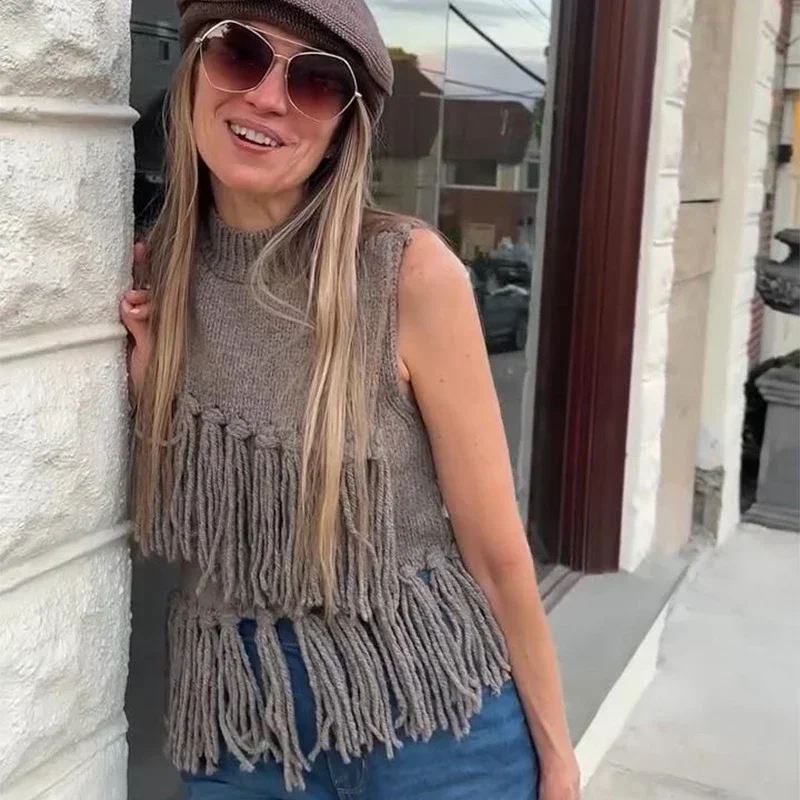 Street Tassel Knitted Vest Sweater For Women Half-high Collar Sleeveless Slim Fit Tank Top Female 2025 Spring Lady Soft Outwear