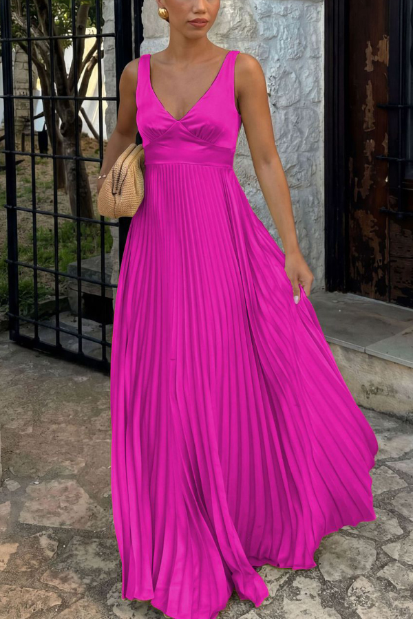 Solid Color V-neck Sleeveless Fitted Waist Backless Pleated Maxi Dress