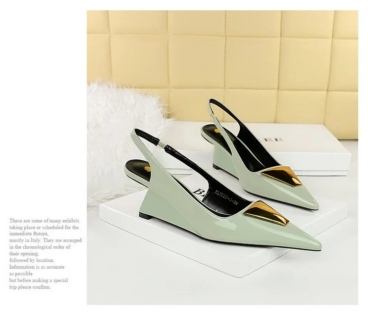 Patent Leather High Heels Wedges Shoes Lady Trendy Pumps Pointed Toe Hollow Back Strap 6.5 Cm Women Sandals White Heels Shoes