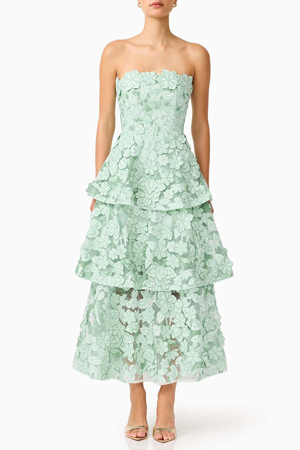 Cocktail Events 3D Embroidery Floral Detail Off Shoulder Tiered Hem Maxi Dress