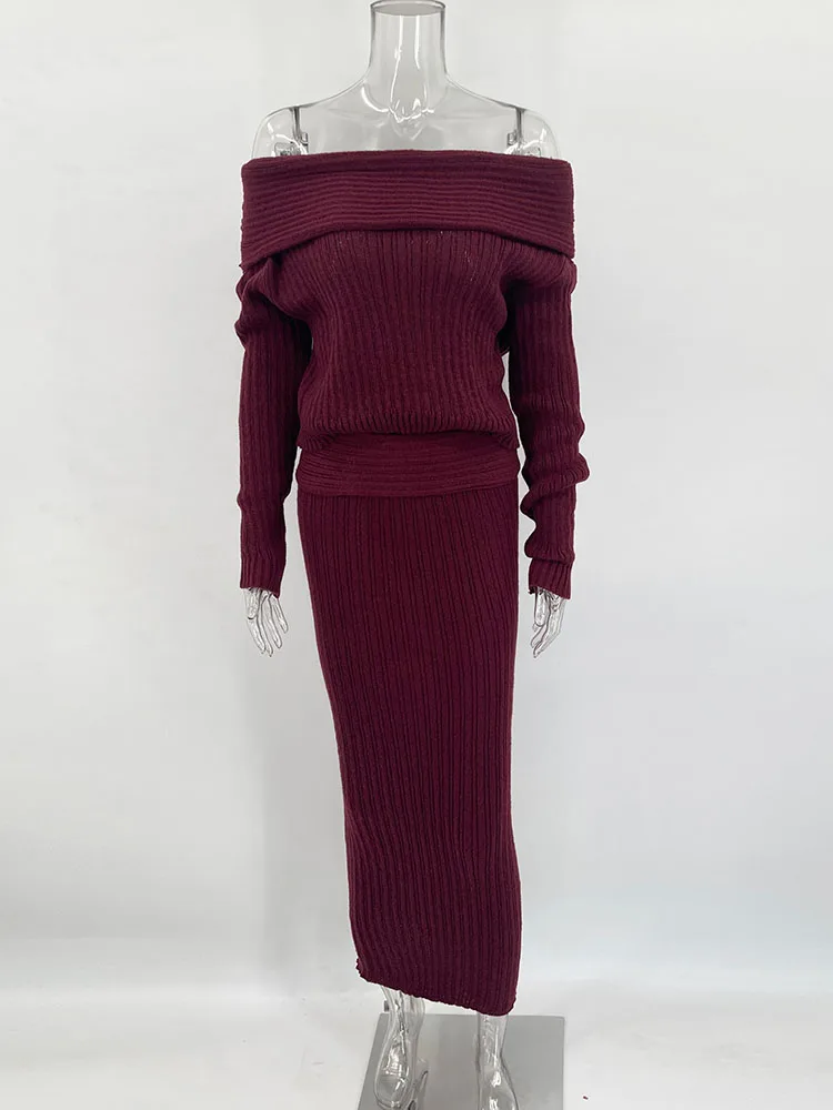 Knitted Skirt 2 Piece Set Women's One-Shoulder Long Sleeves Sweater Pullover Elegant Slim Fit Long Skirt Suit Autumn New
