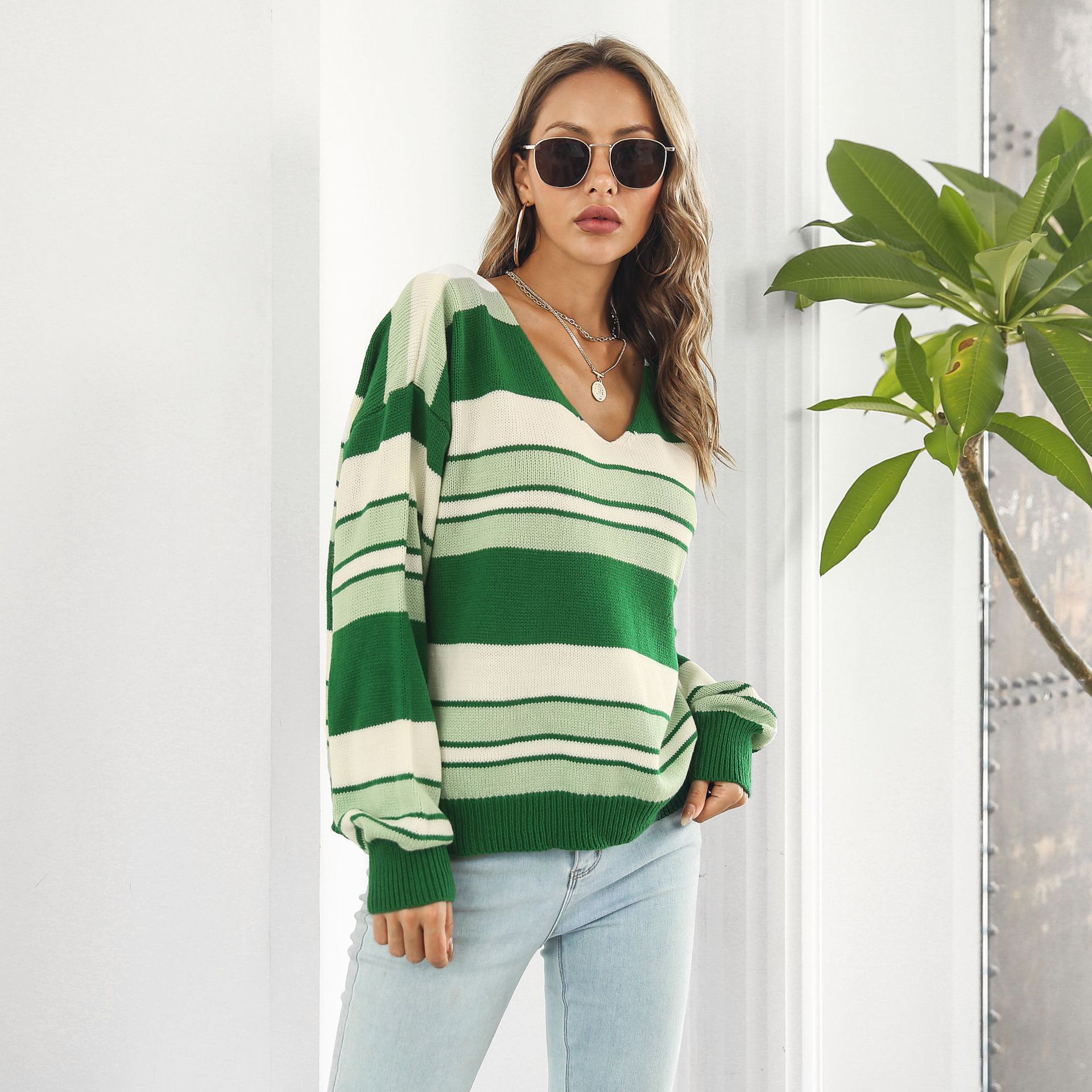 Striped Gradient Color V neck Long Sleeved Women Loose Autumn Winter Knitwear Sweater