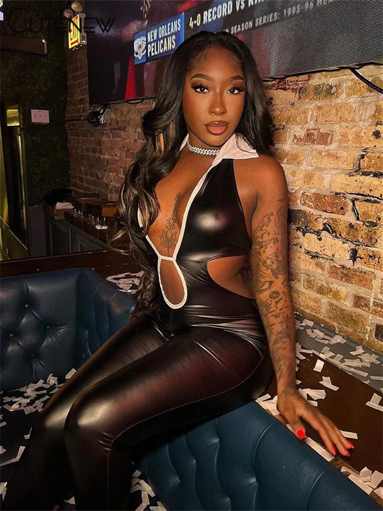 Silky Backless Jumpsuits Women Sexy Lace Up Contrast Color Lapel Low Neck Skinny Overalls Female Trend Street Party Wear
