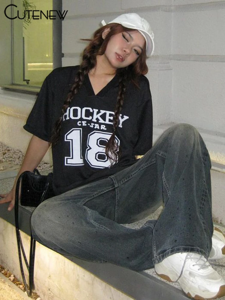 Basic Wild Women T-shirts Summer Casual Summer New Short Sleeve V-neck Loose Tees Printed Basic Female Street Sporty Top