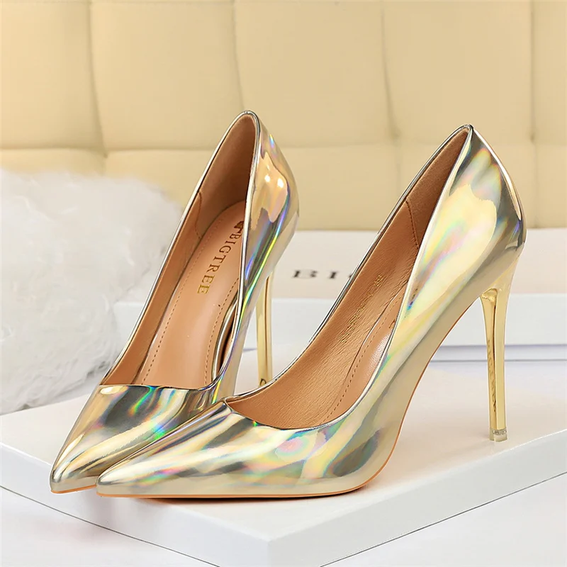 Women 10.5cm High Heels Blue Green Valentine Pumps Luxury Glossy Stripper Stiletto Wedding Bridal Fetish Shoes Plus Size 43