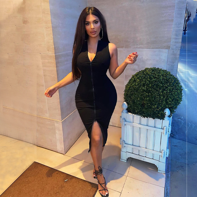 Sexi Night Dress Hot Club Outfits Women One Piece Aesthetic Clothes Sleeveless Bodycon Vestidos De Mujer Zipper Black Streetwear