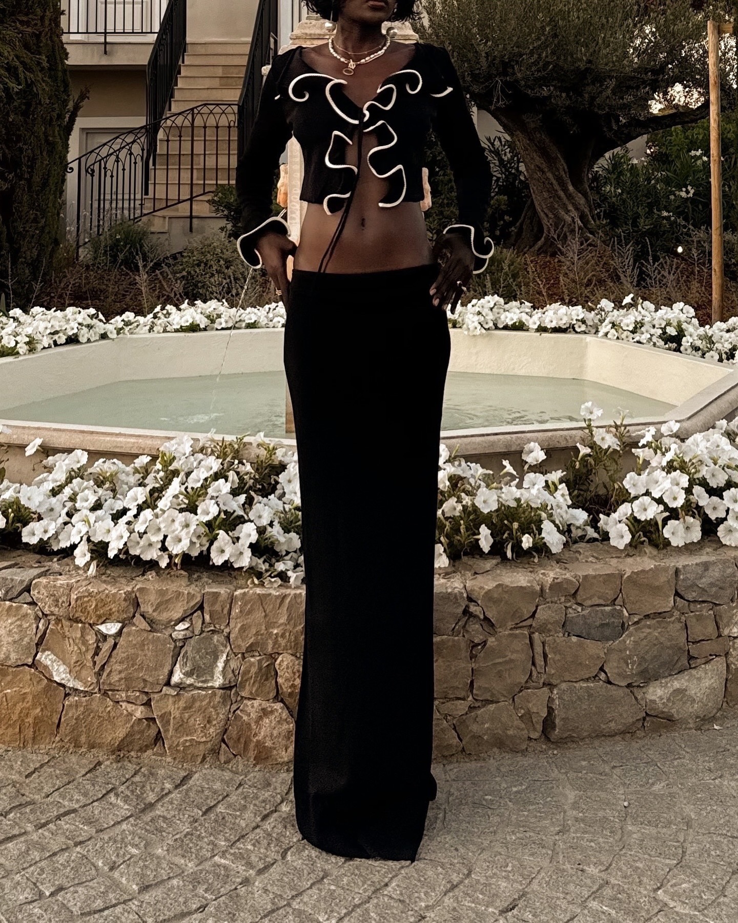 Spring Floral Edge Stitching Contrast Color Black Long Sleeve Knitted Cardigan Women Slimming Short Top Women