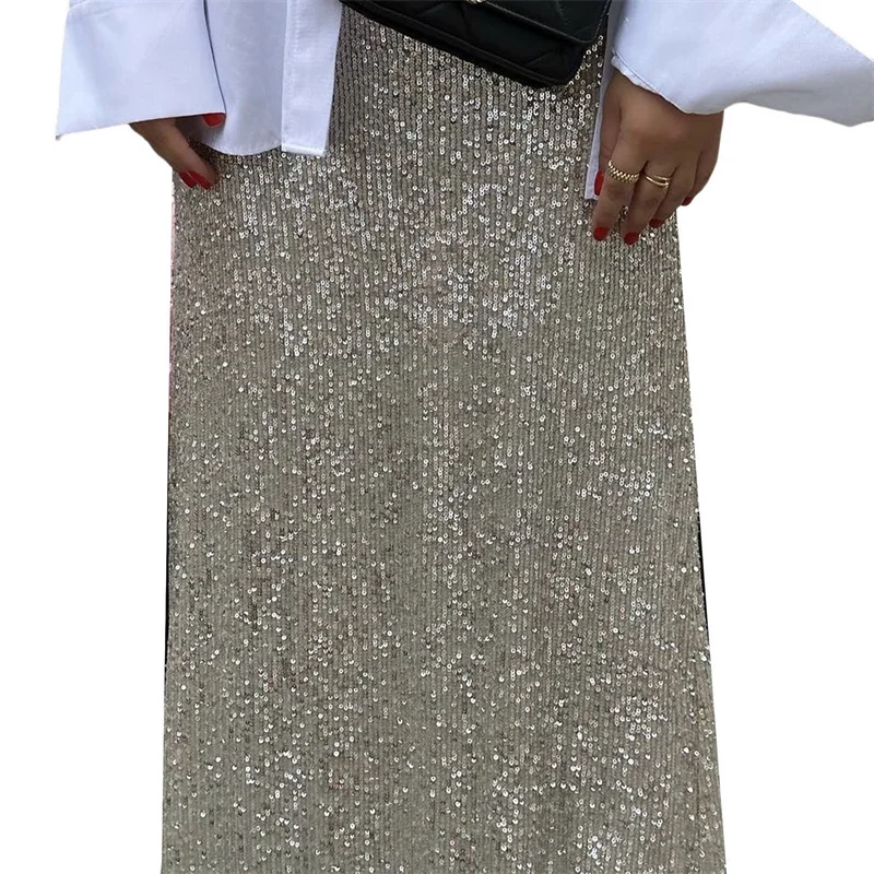 Sequin Long Skirts for Women Solid Color Elastic High Waist Skirt Fashion Elegant Ladies Evening Party Skirt Clubwear