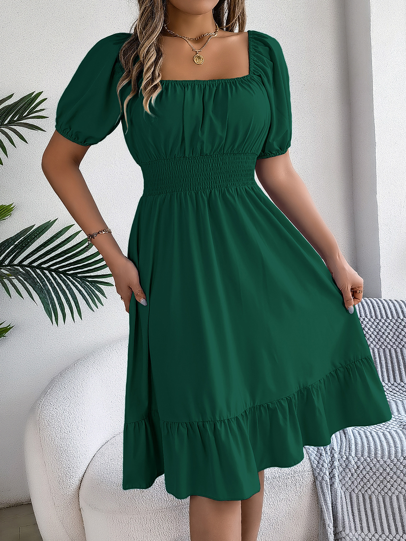 Spring Summer Casual Square Collar Short Sleeve Waist Trimming Ruffles A line Dress Women Clothing