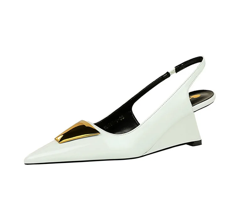 Patent Leather High Heels Wedges Shoes Lady Trendy Pumps Pointed Toe Hollow Back Strap 6.5 Cm Women Sandals White Heels Shoes