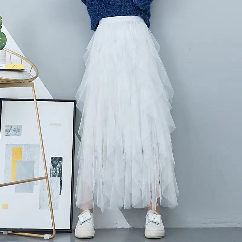 Autumn Winter Vintage Layered Tulle Skirt Women Elastic High Waist Mesh Skirts Long Pleated Tutu Skirt Jupe Longue
