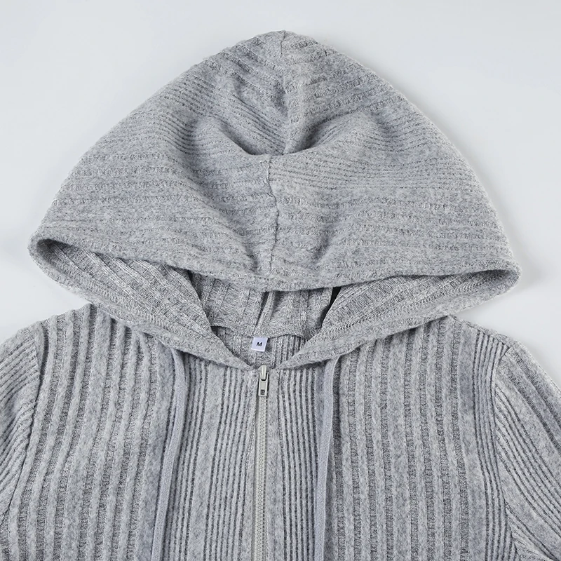 Gray Zip Up Knitted Hooded Jackets Women Pockets Details Solid Simple Basic Minimalist Slim Long Sleeve Hoodies Knitwear