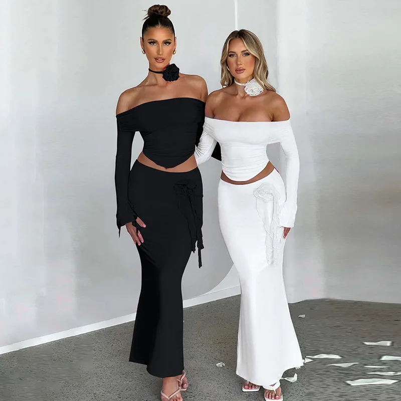 Winter New Sexy Long Sleeved Half Skirt Set For Woman 3D Flower Slim Tight Long Skirt Party Evening Dress Two Piece Set