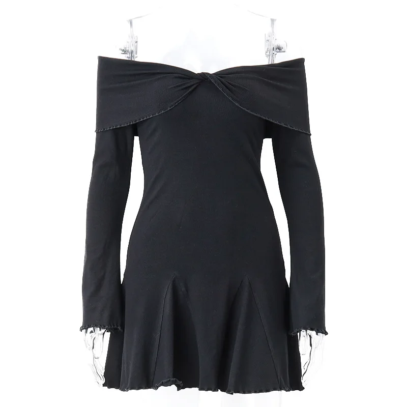Black Knit Ruffled Mini Dress Women Patchwork Off-Shoulder Loose Slim Fashion Ribbed Dress Knitwear Clothes Female Dress