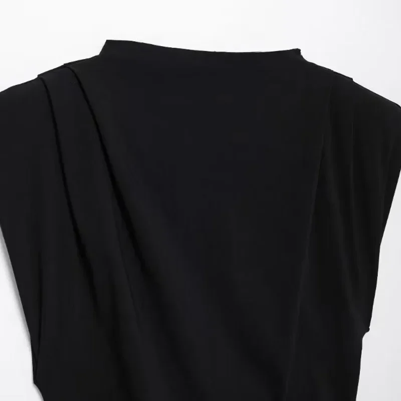 Casual Pleated Sleeveless Vest Women Irregular O-neck Split Shoulder Pad Solid Tank Top Fashion High Street Lady Slim Shirt New