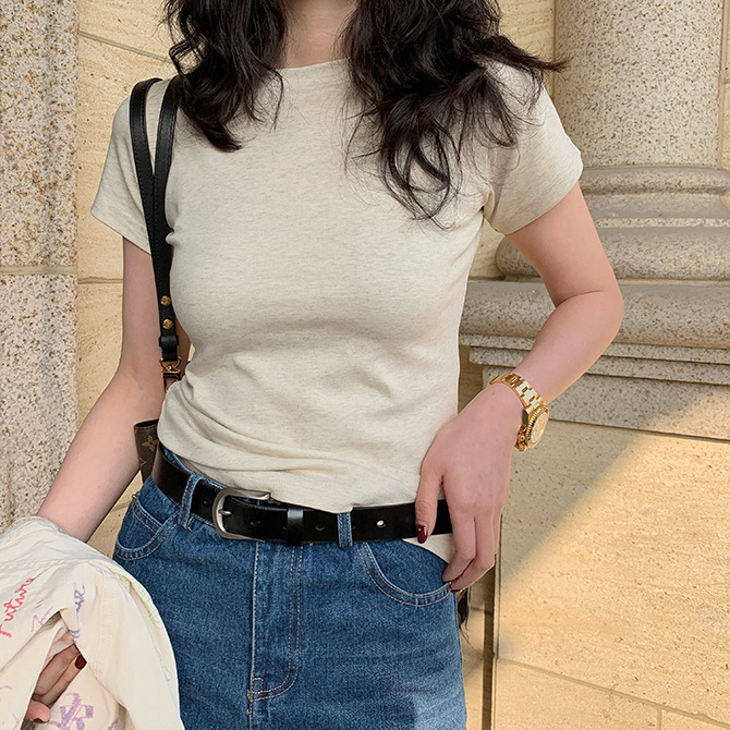 White T shirt Women Shoulder Short Sleeve Slimming round Neck Cotton Bandage Dress Bottoming Top