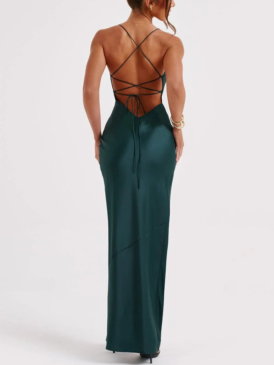 Satin High Slit Backless Camisoles Maxi Dresses