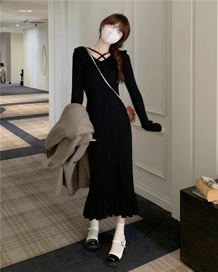 Autumn Knitted Dresses for Women Ruffles V-neck Solid Bodycon Casual Solid Midi Dress Korean Fashion Vestidos Mujer New Knitwear