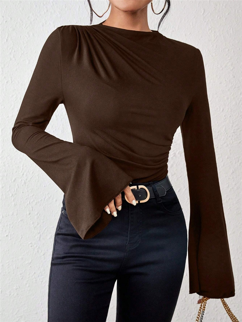 Autumn Winter Pleating Bell Sleeve Stand up Collar Slim Fit T shirt