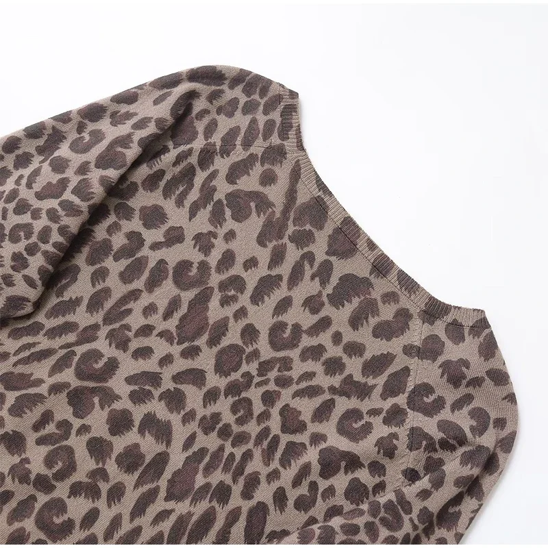 Leopard Knit Pullover Women Casual Loose Round Neck Long Sleeves Sweater Tops 2025 Spring Summer Fashion Lady Y2K Streetwear