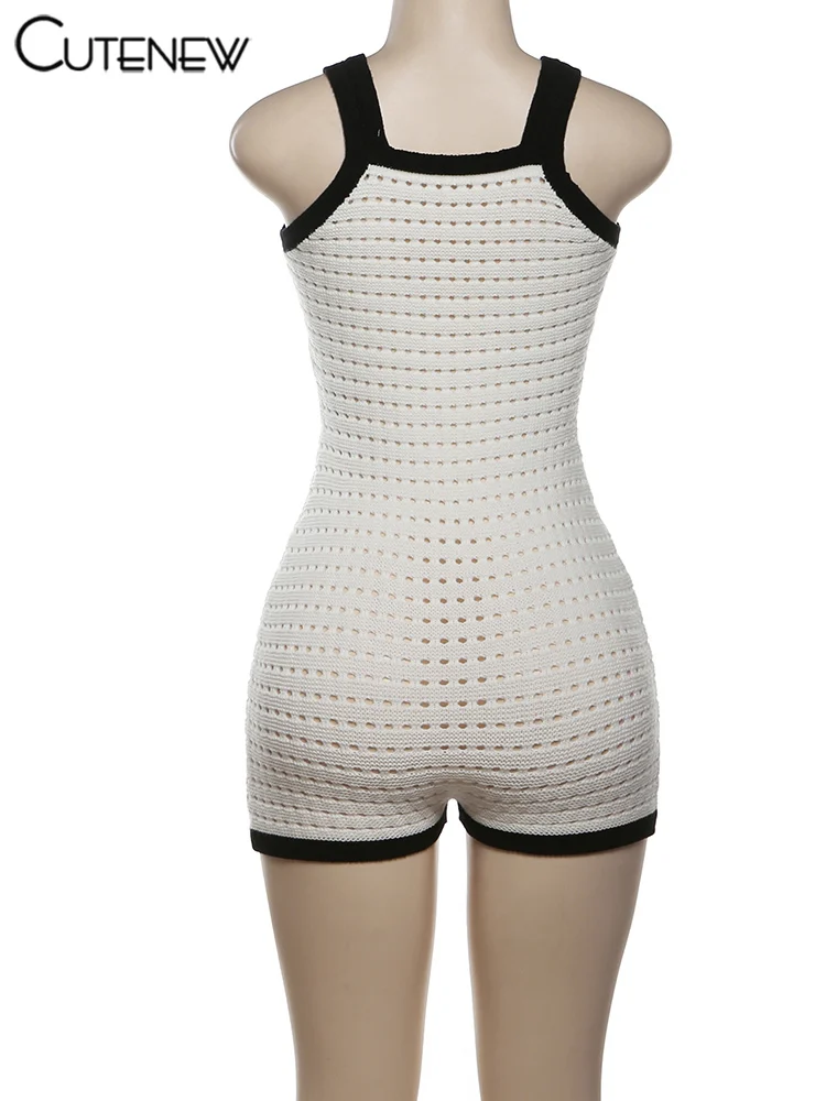 Casual Women Playsuits Basic Summer Panelled Sleeveless U-neck Stretch Holes Sheer Slim Rompers Female Concise One Piece