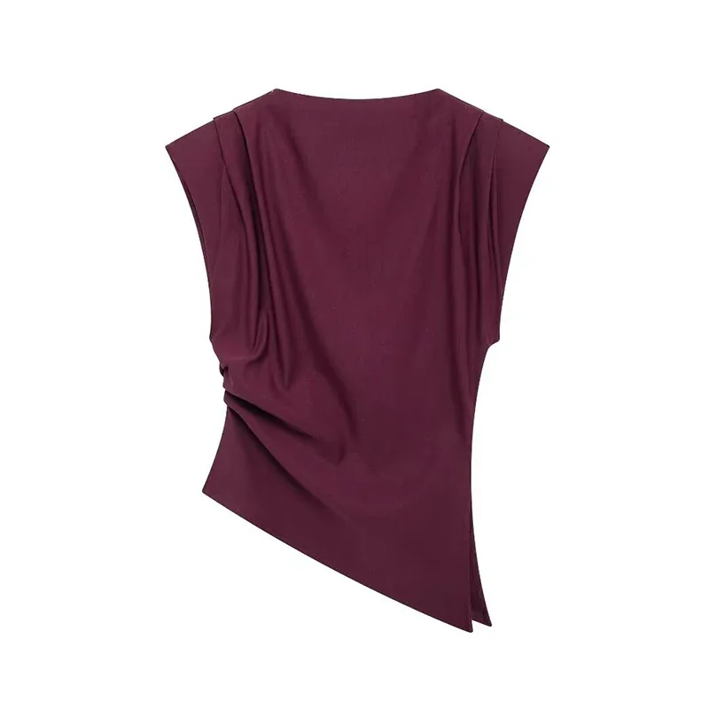 Casual Pleated Sleeveless Vest Women Irregular O-neck Split Shoulder Pad Solid Tank Top Fashion High Street Lady Slim Shirt New