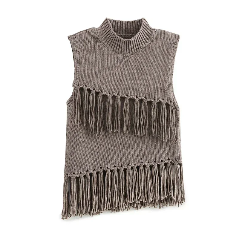 Street Tassel Knitted Vest Sweater For Women Half-high Collar Sleeveless Slim Fit Tank Top Female 2025 Spring Lady Soft Outwear