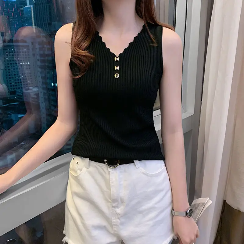 Summer Camisole Women Tank Top Sexy Slim Korean Style Casual V-Neck Vest Knitted Fashion Sleeveless Tops Female Tee