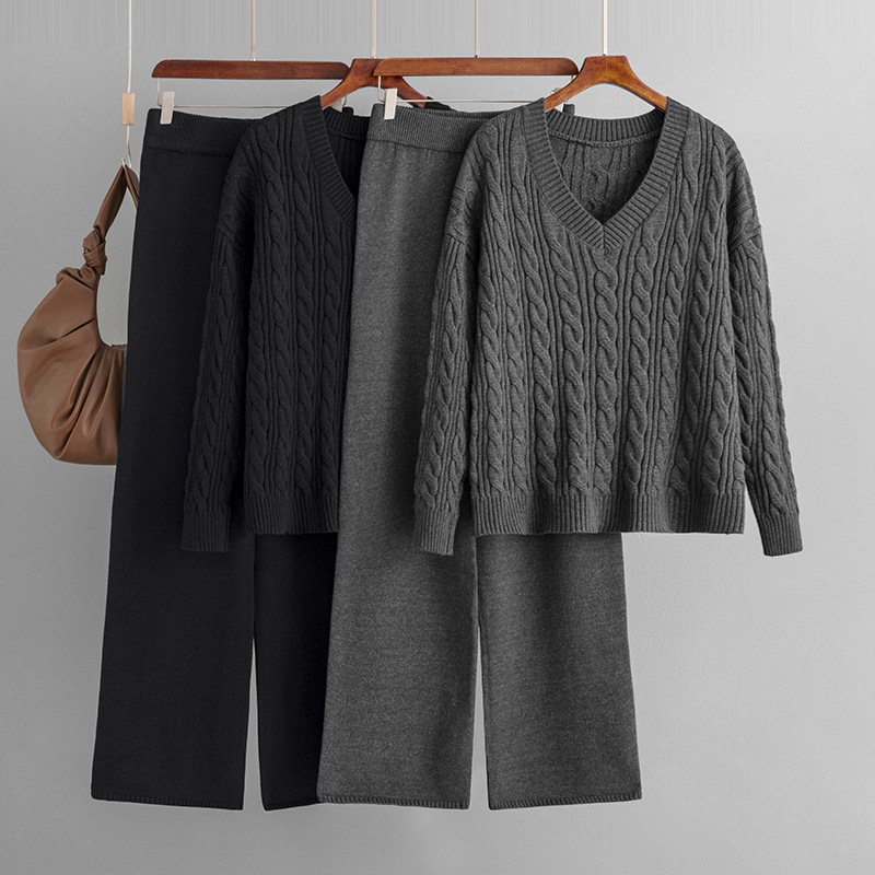 Fashionable Wide Leg Pants Sweaters Women Clothing Autumn Winter Two Piece Suit Women Twist V neck Knitting Suit