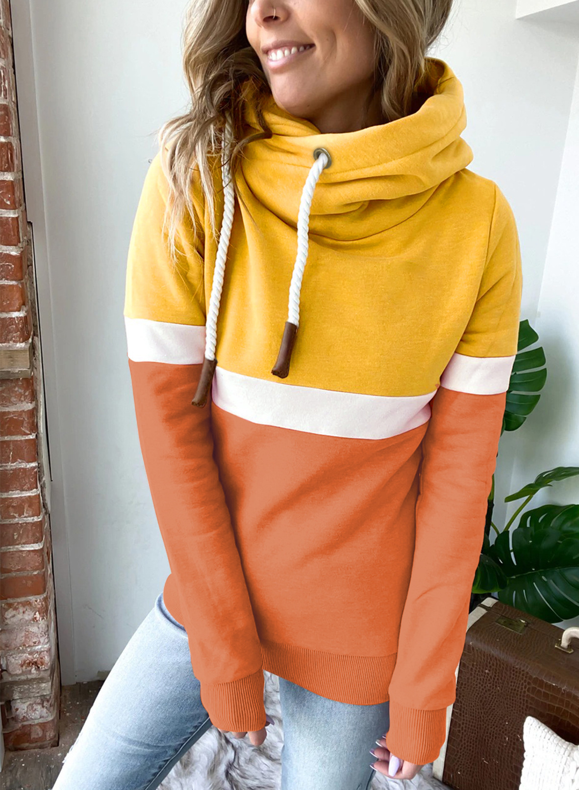 Women Sweatshirt Autumn Winter Solid Color Stitching Casual Pullover Hooded Sweatshirt for Women