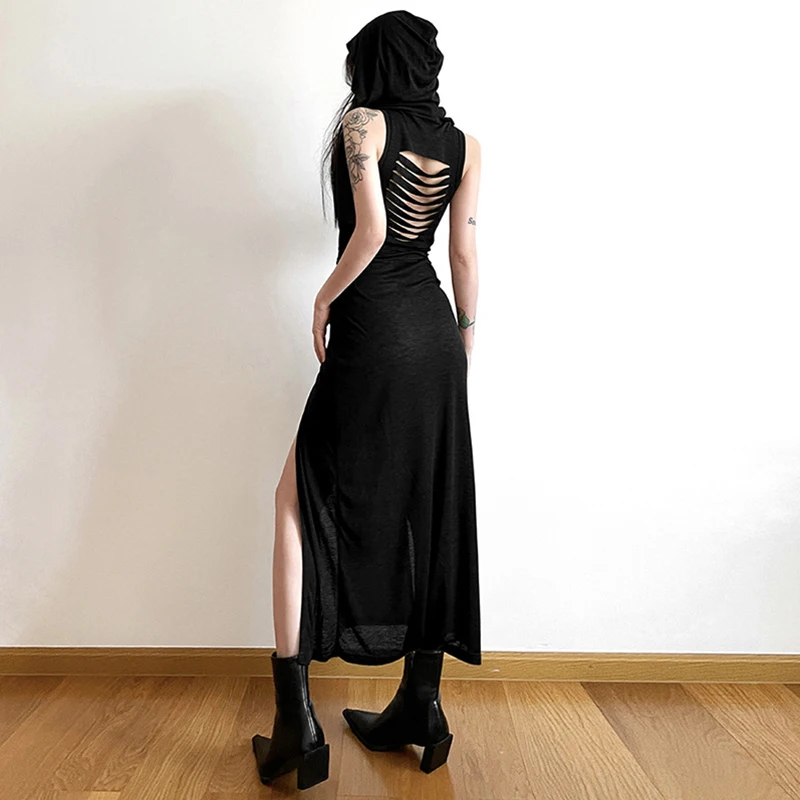 Grunge Dress y2k Women Clothes Solid Color Sleeveless Hollow Out Back Slit Hooded Dress 2000s Halloween Party Dresses