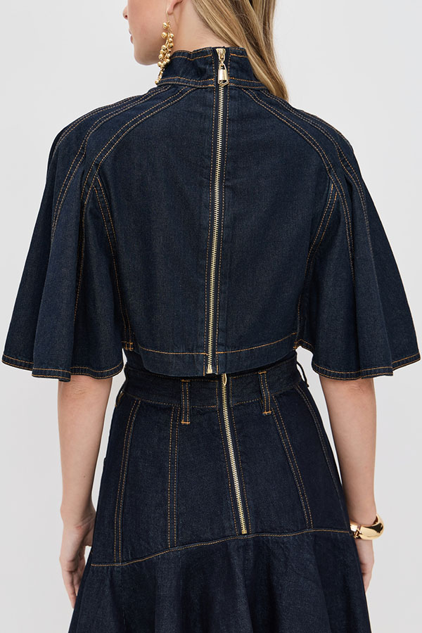 Next Vacation Denim Mock Neck Short Flutter Sleeves Crop Top