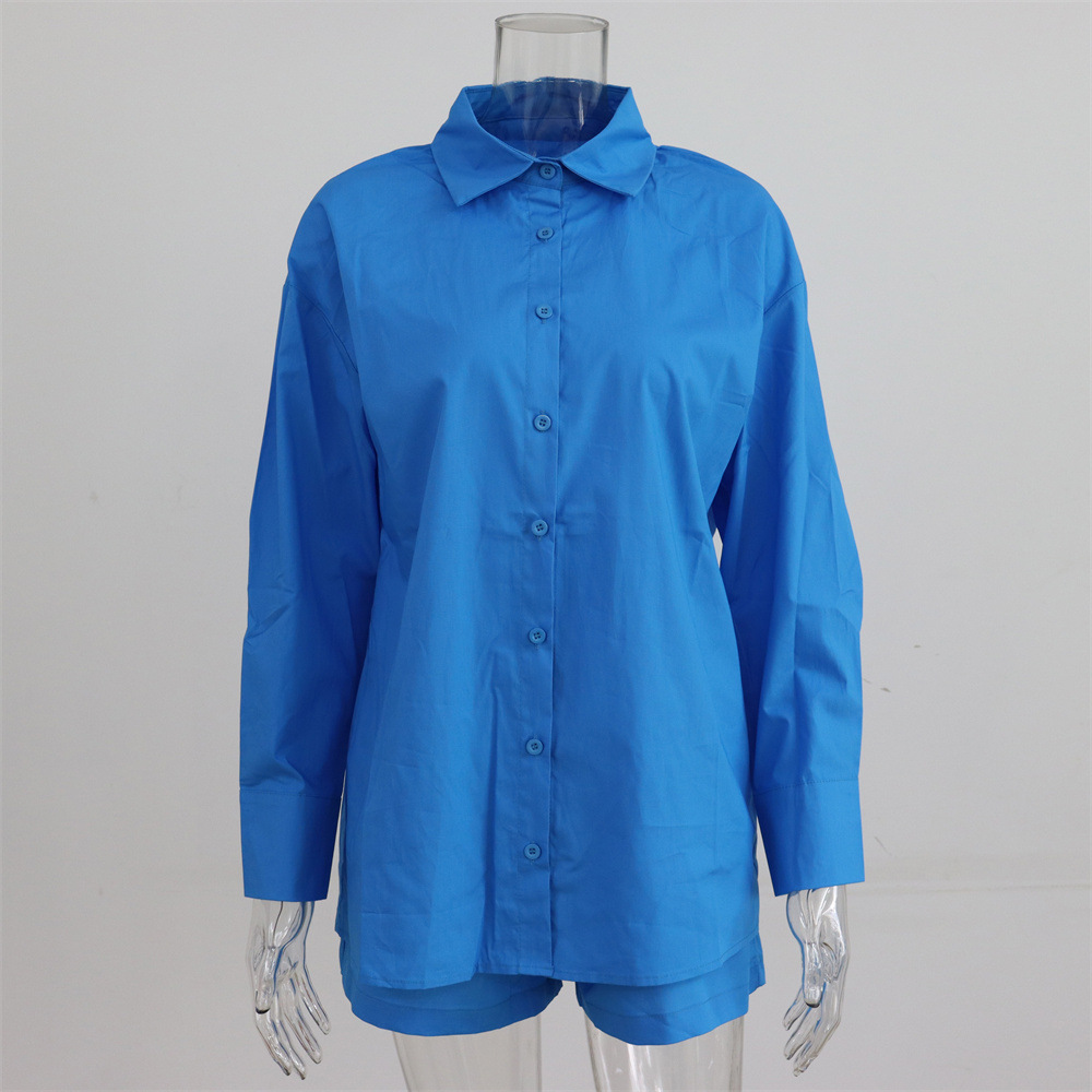 Spring Summer Two Piece Set Solid Color Single Breasted Long Sleeve Collared Shirt Shorts Loose Casual Set