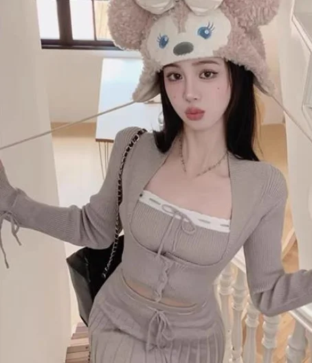 Solid Knitted Suit 3 Piece Set Woman Y2k Cropped Patchwork Vest + Slim Cardigan + Mini Pleated Skirt Autumn Korean Chic Outfits