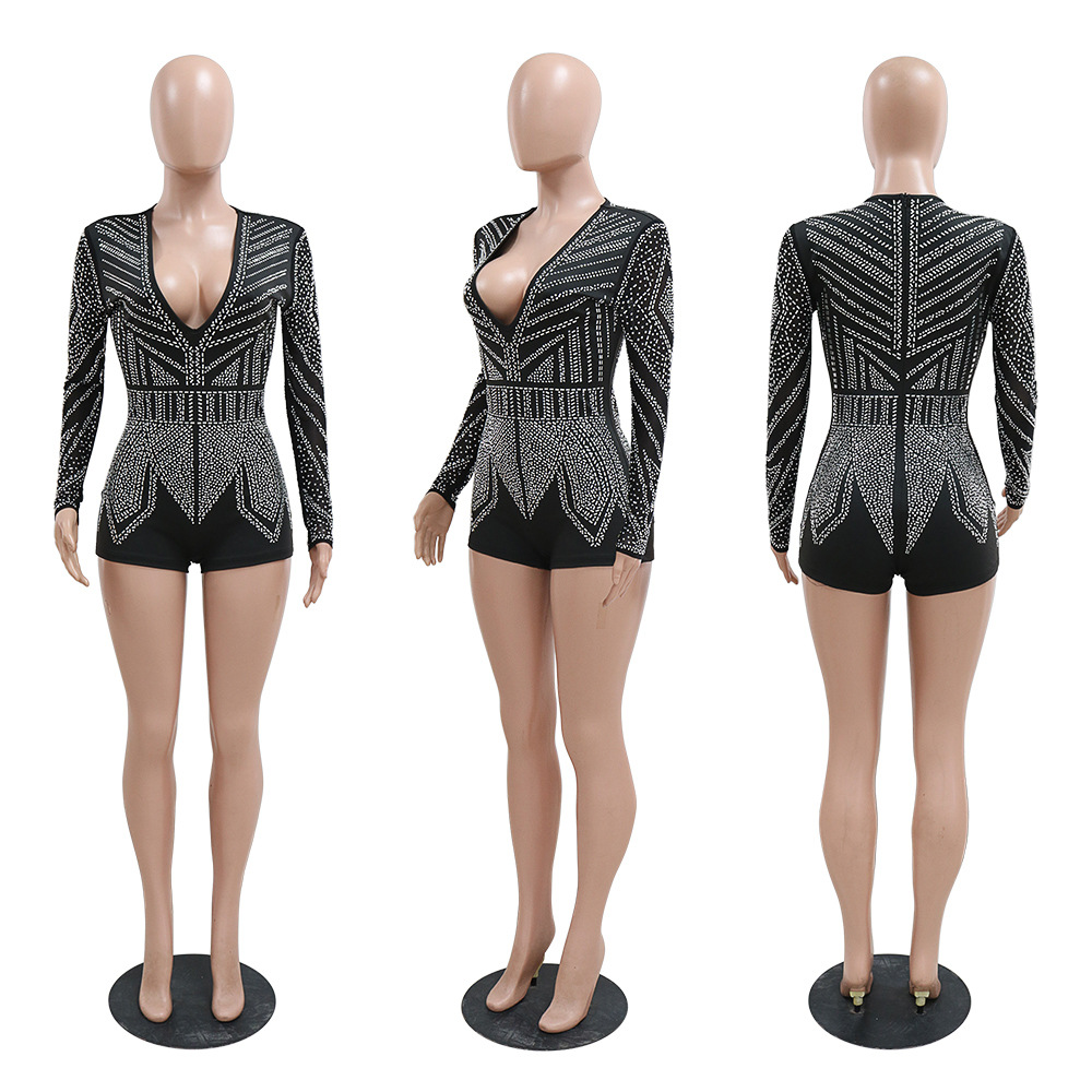 Sexy Deep V Plunge-neck See-through Polyester Mesh Long Sleeve Stitching Straight Slim Fit Bodysuit Women Clothing