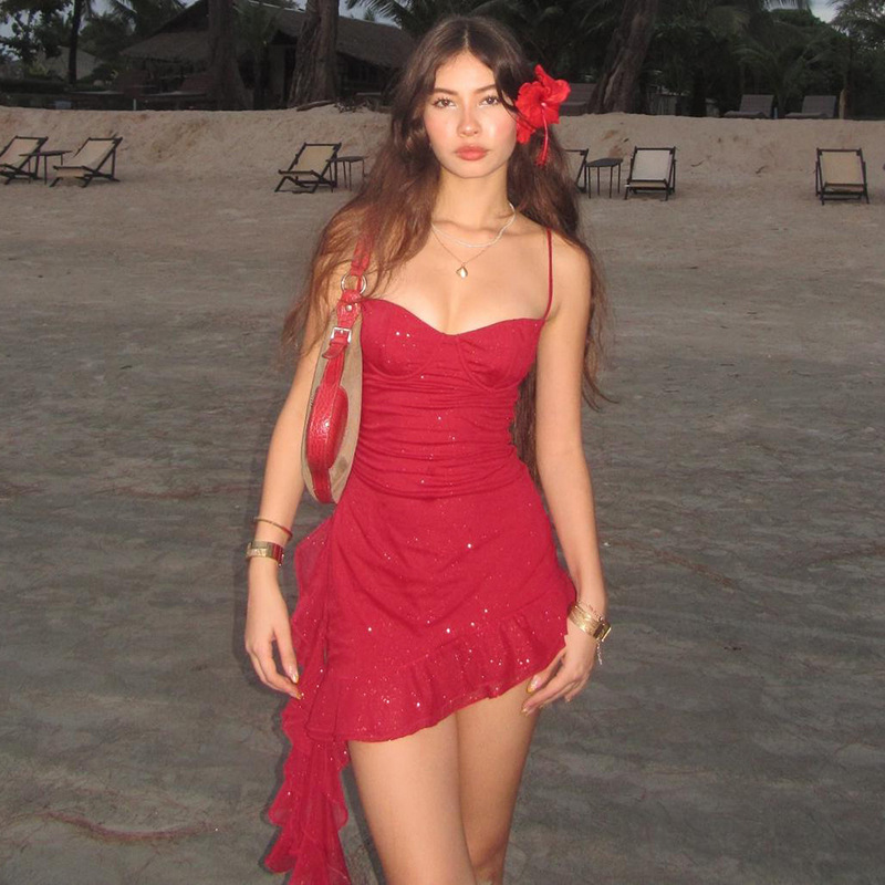 Spring Women Sexy Mesh Irregular Asymmetric Ribbon Slim Fit Backless Sling Dress