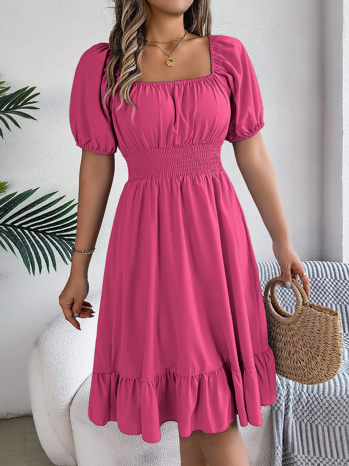 Spring Summer Casual Square Collar Short Sleeve Waist Trimming Ruffles A line Dress Women Clothing