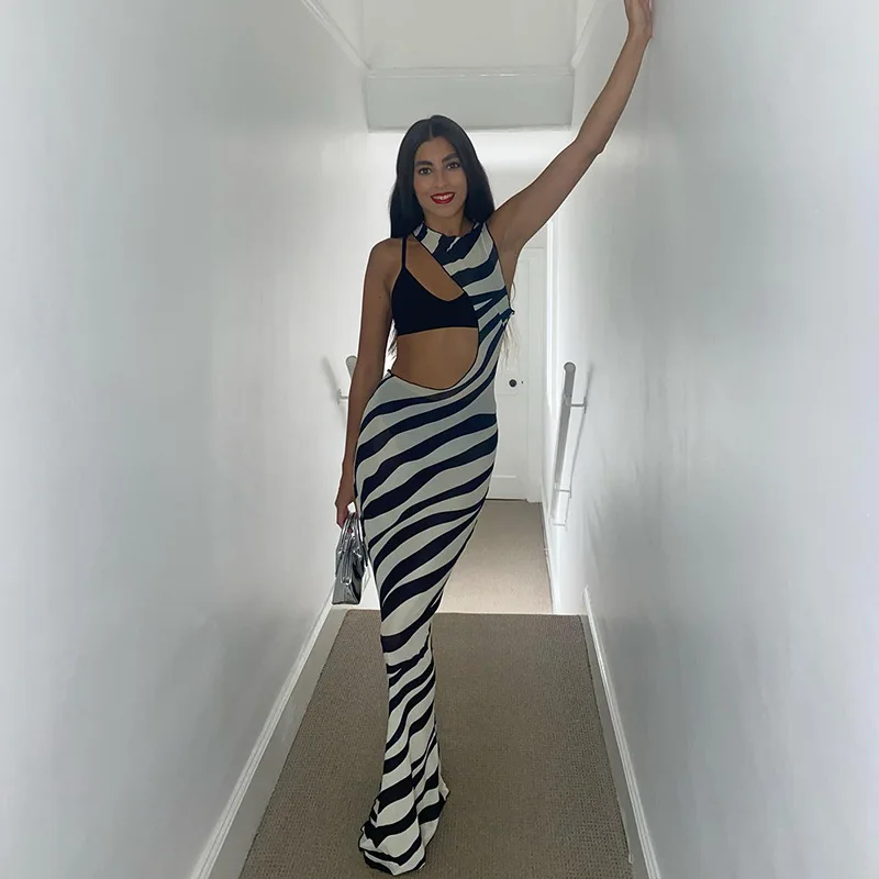 Bodycon Long Dresses For Women Beach Style Backless Vestidos De Mujer Hollow Out Sexy Robe Femme _t�� Y2k Clothes Zebra Print