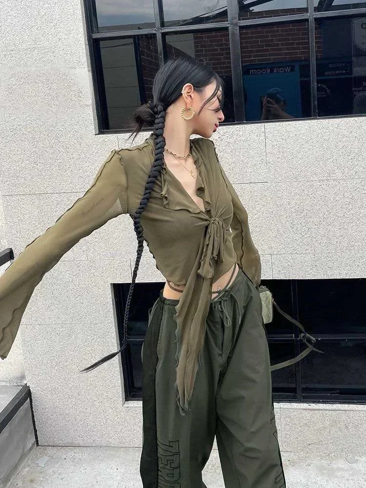 Streetwear Mesh T Shirt Women Fashion Slightly See Through Sexy Crop Tops American Style Beach Female Slim Bandage Tees