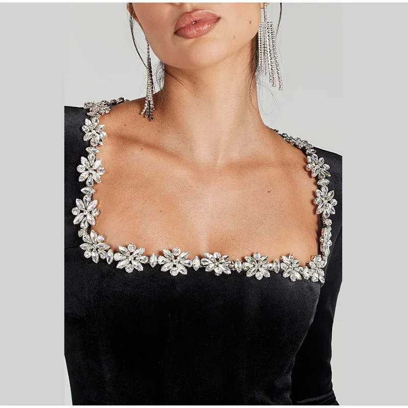 Black Beaded Velvet Jumpsuits For Women One Piece Long Sleeve Square Collar Full Length Jumpsuit Christmas Evening Party Gown