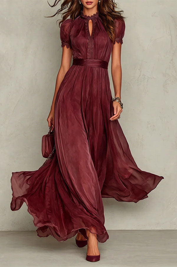 Elegant Lace Trim Keyhole Puff Sleeve Flowing Chiffon Maxi Dress