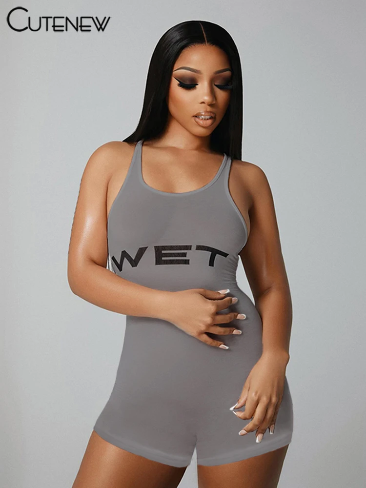 Letter Print Playsuits Women Concise Casual Summer Tank Style O-neck Slim Rompers Female Sporty Style Basic One Piece