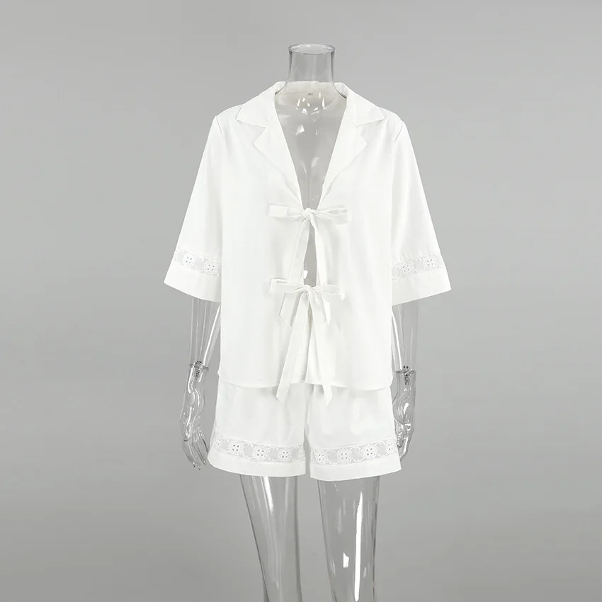 Fashion White Cotton Linen Hollow Out Lace Up Top And Short Pants Suit Women's Loose Top Casual Splice Sets Lady Summer