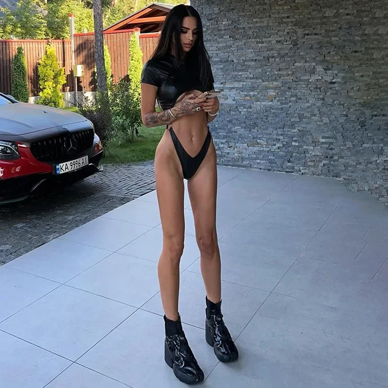 PU Sexy Bodysuit Lingerie Black Top Women Rave Outfit Short Sleeve Body Feminino Hollow Out One-Pieces Lenceria Bodys Sexy Mujer