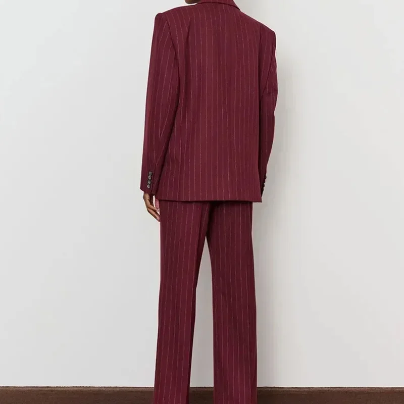 Striped Pant 2 Piece Set Women Double-breasted Full Sleeve Blazer Wide Leg Zipper Long Trousers Female 2025 Lady Commute Outfits